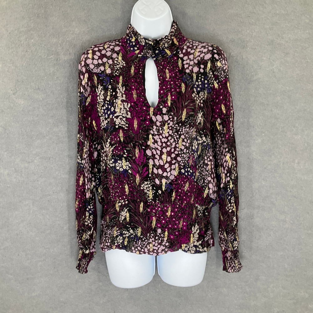 WHBM Top Womens Sz‎ 6 Floral Keyhole Mock Neck Smocked Waist Blouse